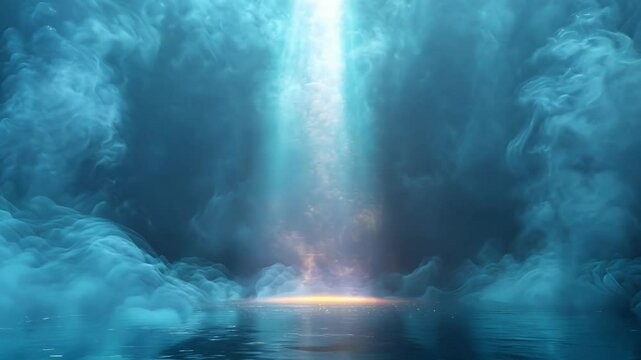 Blue smoke fills the screen as a bright light shines from above onto a water surface.