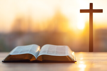 Sunlight Illuminating Open Bible with Jesus Cross in the Background, Spiritual Reflection and Faith