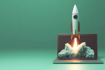Minimalist rocket launching from a laptop screen symbolizes startup success and innovation