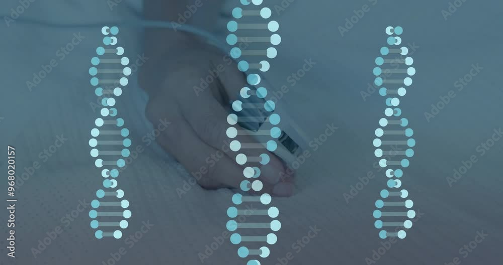 Wall mural Animation of moving dna strands over caucasian patient in hospital bed