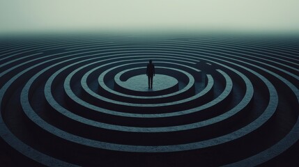 Fototapeta premium The Circular Path: A person walking endlessly in a circle of abstract symbols and thoughts, unable to escape, symbolizing how overthinking can feel like going around in circles