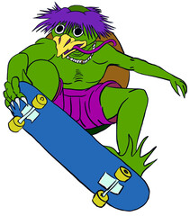 Japanese Monster Kappa Yokai on a skateboard 90s style 