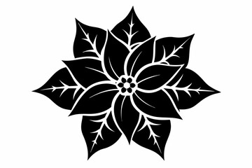 Poinsettia Flower Silhouette Vector, Christmas Flower with Leaf Black Silhouette.