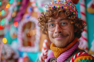 Joyful gingerbread house decorating with a smiling artist at a festive holiday event