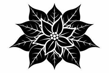 Poinsettia Flower Silhouette Vector, Christmas Flower with Leaf Black Silhouette.