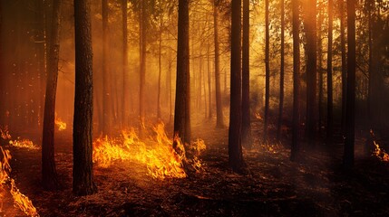 Obraz premium A forest fire burns through a dense grove of trees, creating a dramatic and dangerous scene.