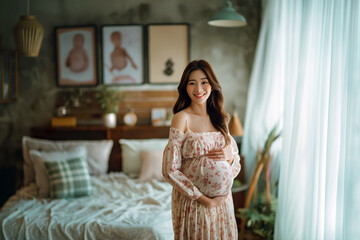 Fototapeta premium A young Asian woman showcases her beautiful pregnancy glow while standing in a tranquil bedroom surrounded by gentle light