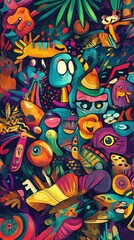 A vibrant collage showcases playful abstract shapes and colors, creating an engaging and dynamic artistic display