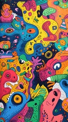 Obraz premium A bright and dynamic abstract banner filled with playful, colorful shapes and whimsical characters, creating an inviting atmosphere