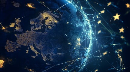 A digital illustration of Europe connected to the world with glowing lines.