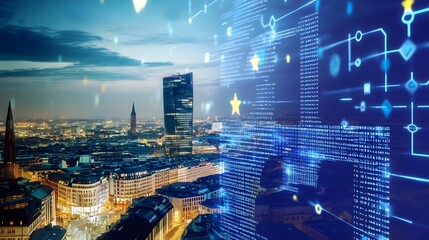 Cityscape at night with glowing blue digital code overlay.