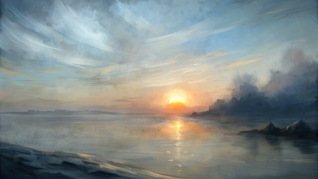 Dramatic seascape with a vibrant sunset and rolling clouds.
