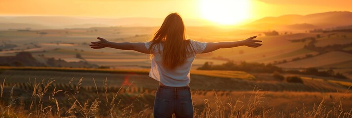 A serene scene of a woman on a hilltop, arms reaching towards the sunrise, reflecting the beauty of nature and the spirit of renewal, hope, and optimism, banner