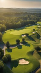 A serene golf course at sunrise/sunset with lush greens fairways and a clear sky.