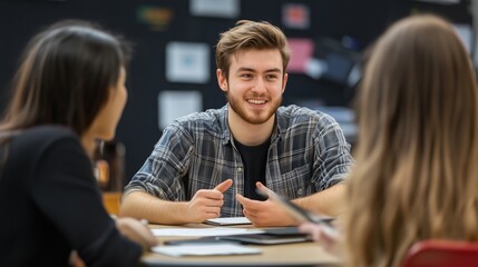 A young man smiles and engages in a group discussion with two peers in a classroom during a collaborative learning session