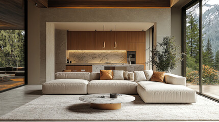 Modern living room with a sectional sofa and a view of the forest.