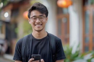 A young man enjoys using his smartphone, radiating joy in a bustling outdoor setting filled with rustic charm