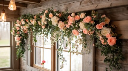 Fototapeta premium a rustic wooden beam adorned with a cascading floral garland brings natural charm and beauty to a cozy room floral aesthetics for room dcor presented in a banner concept