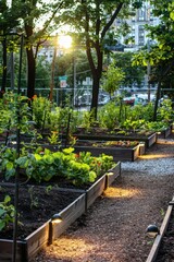 Obraz premium Eco-Friendly Urban Garden with Solar Lights and Community Composting System for Sustainability Learning
