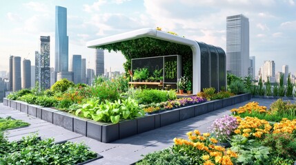 Fototapeta premium An innovative green rooftop with interactive digital gardening tools and holographic flowers, providing urban greenery style, isolated background