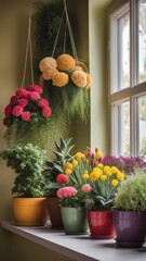 Vibrant potted plants on windowsill with various flowers and foliage.