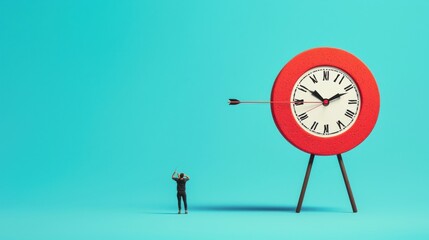 Time Target Archery: A person aiming an arrow at a series of floating targets, each target representing a goal with a clock embedded in the center