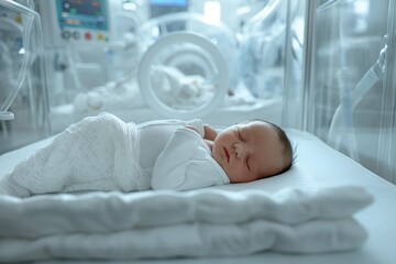 Newborn baby in neonatal intensive care unit. A tender depiction of infant care, health, and clinical safety. Ideal for medical, healthcare, and maternity-related content.