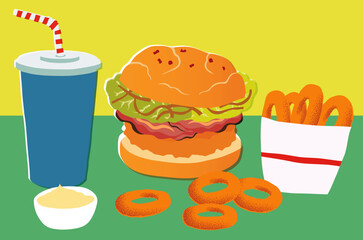 Cute, vintage illustration of a chicken burger fast food meal with onion rings, soda and mayo. Vector based, perfect for print and digital.
