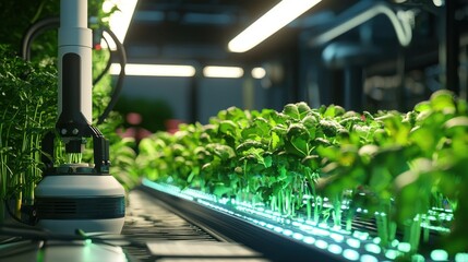 A high-tech sustainable farm with robotic farming tools and bioluminescent crops, promoting eco-friendly agriculture style, isolated background