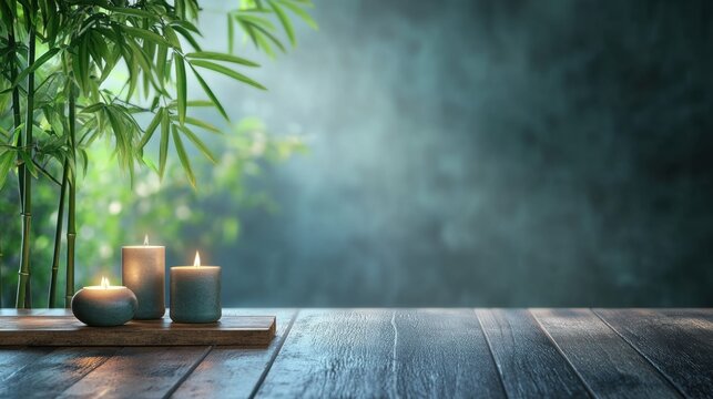 banner featuring bamboo plants and candles on a wooden table for creating a peaceful and harmonious zen home decor environment
