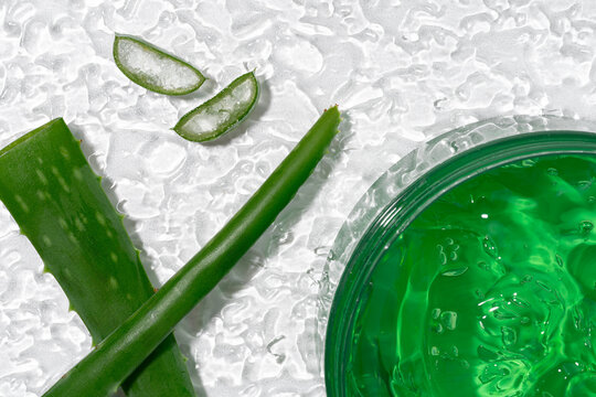 Aloe vera gel in a container with fresh leaves on a wet surface