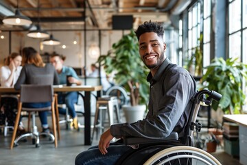 Smiling man in wheelchair at modern office. An inspiring image for promoting inclusivity and diversity in workplace settings. Ideal for business, HR, and editorial content use.