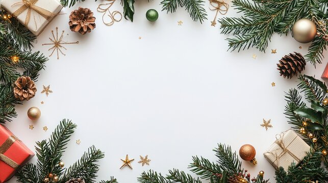 frame of New Year's decor, arranged in a circle, flat layout, the center of the image is free for text, white background