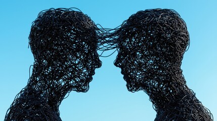 Two abstract human figures facing away from each other, their torsos connected by tangled wires or chains, representing an inescapable conflict of interests