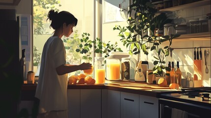 Fototapeta premium A person prepares fresh juice from oranges in a sunlit kitchen filled with plants during the morning