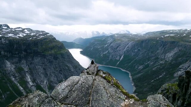 Aerial drone view of Ringedalsvatnet Lake near Trolltunga in Hardangervidda National Park, Norway