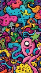 The artwork features a lively array of imaginative creatures and swirling shapes, bursting with color and energy throughout