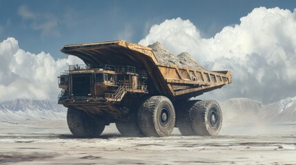 Obraz premium Yellow Dump Truck Loaded with Gravel in a Desolate Landscape