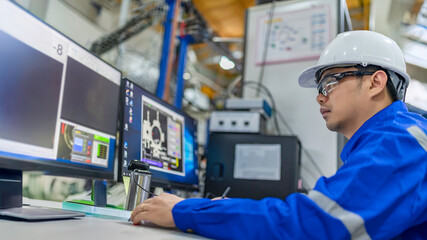 Computer engineers developing software programs to control industrial machinery,optimizing automation processes,and improving production flow in a high-tech factory setting