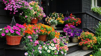 Hanging baskets of beautiful, colorful flowers in pots on the porch, steps leading to an old, black house, numerous hanging baskets filled 