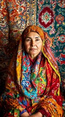 Vertical portrait of a person wearing traditional attire, with cultural motifs and patterns in the background