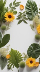 Abstract plant design with fern-like leaves yellow sunflower and orange poppy-like flowers.