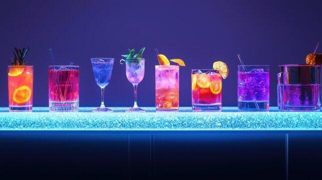 A modern mocktail bar with transparent mixing stations and glowing non-alcoholic drinks, serving sophistication style, isolated background