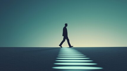 Obraz premium Unsuccessful Years Behind Success: A silhouette of a successful figure walking forward, while behind them are shadowy years filled with obstacles and failures