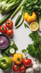 Vibrant display of fresh vegetables broccoli bell pepper onion zucchini squash garlic lemon and cilantro.