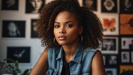 African American woman Graphics Designer. She is sitting on sofa.