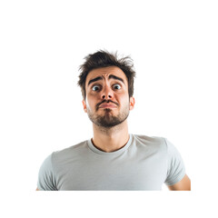Fototapeta premium Confused young man looking up, surprised by something