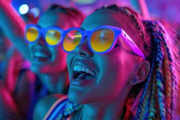 Naklejka premium Excited fans cheering enthusiastically at a vibrant sports event under colorful lights