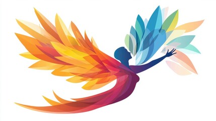 Fototapeta premium Wings of Positivity: A human figure with abstract, colorful wings, symbolizing the power of a positive mindset to lift a person higher and allow them to soar above challenges