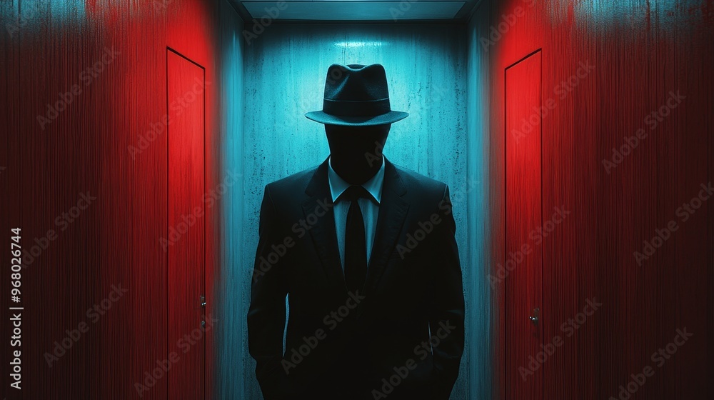 Canvas Prints A man in a suit and hat stands in a hallway with red walls